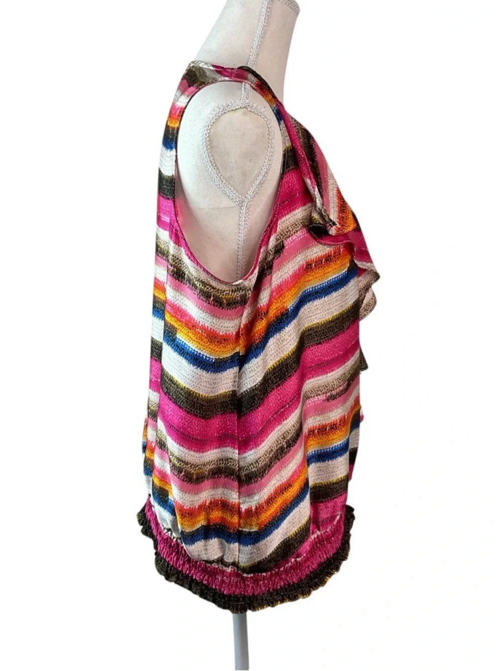 Milano Pink Multi-Stripe Ruffle Sleeveless Top L - Picture 2 of 9